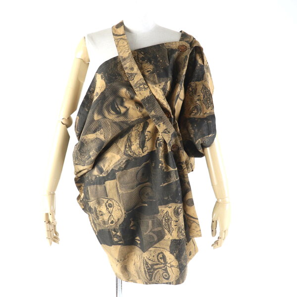 極美品★Vivienne Westwood ヴィヴィアンウエストウッド コットン100％ 人面プリント アシンメトリー デザイン ワンピース ブラウン ブラック 38 イタリア製 正規品 レディース【中古】