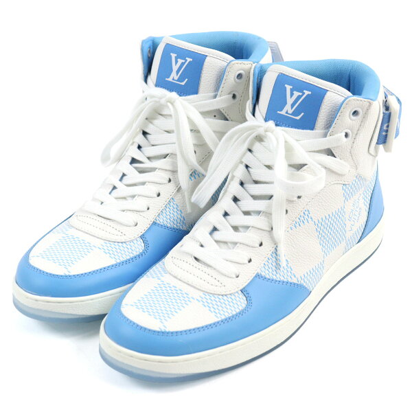 極美品○LOUIS VUITTON ルイヴィトン 2022年製 1AA0D3 リヴォリライン ダミエ LVロゴ入り レザー ハイカットスニーカー ホワイト ライトブルー 6 イタリア製 メンズ【中古】