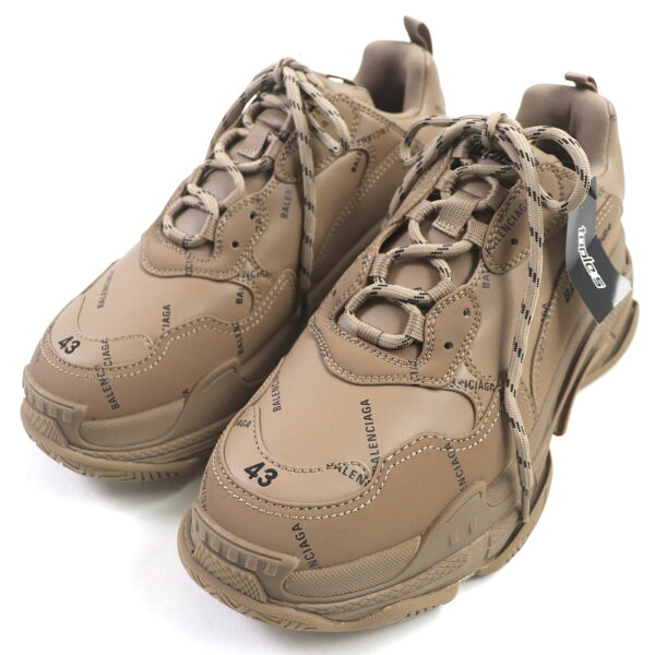 未使用品▼BALENCIAGA バレンシアガ 536737 TRIPLE S トリプルエス ロゴ総柄 刺繍入り レザー スニーカー ブラウン 43 (28.5cm) メンズ【中古】