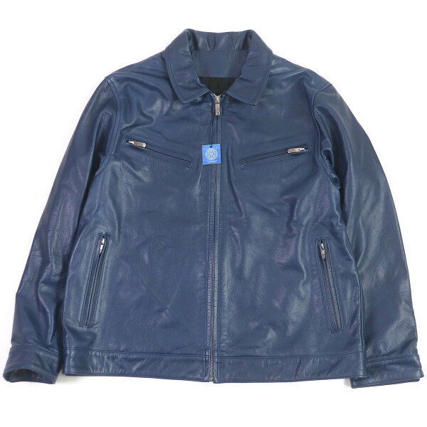 極美品□PORTER CLASSIC ポータークラシック PC SINGLE RIDERS JACKET W/LOVE&PIECE SILVER 裏シルク100％ レザー シングル ライダースジャケット ネイビー L 日本製 正規品 メンズ【中古】