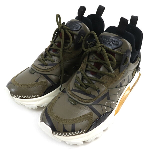 極美品△Valentino Garavani ヴァレンティノガラヴァーニ TRB39Y0 BOUNCE バウンス レイズドソール オーストリッチフェザー VLTNロゴ スニーカー カーキ 40 箱・保存袋付き イタリア製 メンズ オススメ◎【中古】