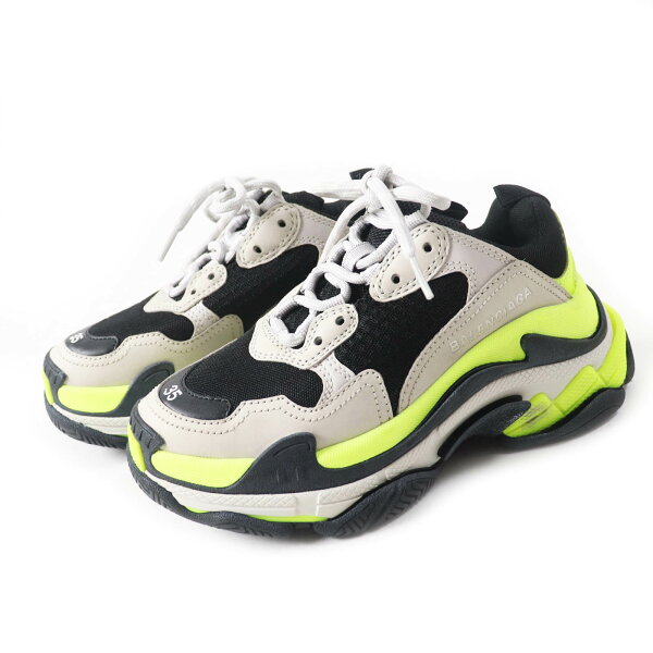 極美品◎BALENCIAGA バレンシアガ 524039 トリプルS レザー使い スニーカー グレー ブラック ネオンイエロー 35 箱・保存袋付き レディース【中古】
