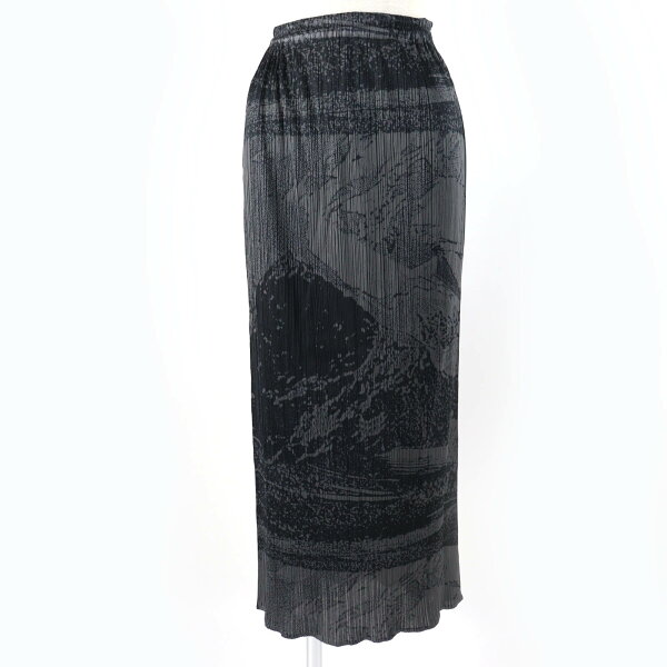 極美品☆PLEATS PLEASE プリーツプリーズ イッセイミヤケ PP63-JG713 90年代 初期コレクション 浮世絵プリント ロングスカート グレー 2 日本製 正規品 レディース【中古】