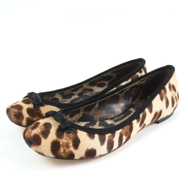 極美品☆DOLCE&GABBANA ドルチェ＆ガッバーナ レオパード柄 ハラコ フラットパンプス バレエシューズ ブラウン系 35 イタリア製 レディース【中古】
