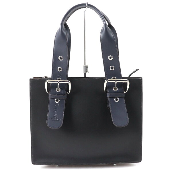 極美品△Vivienne Westwood ヴィヴィアンウエストウッド ACCESSORIES オーブ・ロゴ型押し スクエア レザー ハンドバッグ ブラック ネイビー ブラウン系 イタリア製 レディース【中古】