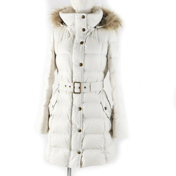美品◎BURBERRY BLUE LABEL バーバリーブルーレーベル E1A80-880-02 裏チェック柄 ファー・フード・Bロゴワッペン・ベルト付き ロングダウンコート アイボリー 38 正規品 レディース【中古】