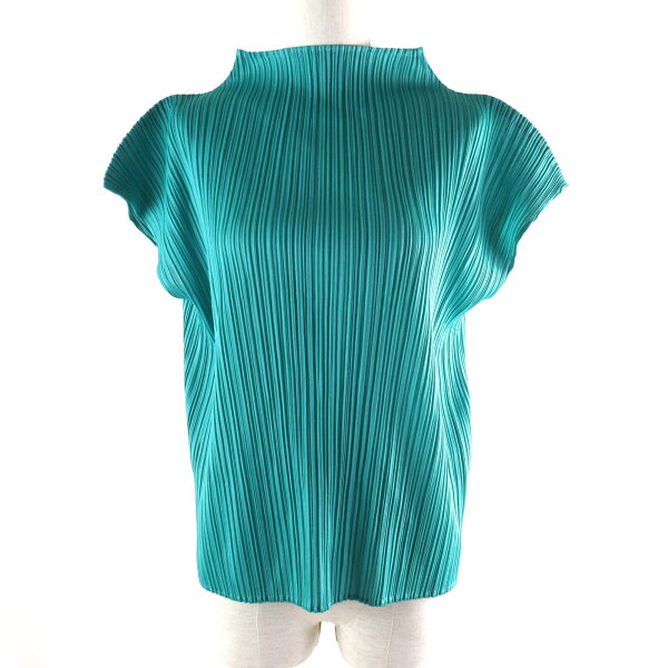 極美品★PLEATS PLEASE プリーツプリーズ イッセイミヤケ PP61-JK908 ハイネック プリーツ ノースリカットソー グリーン系 4 日本製 正規品 レディース【中古】