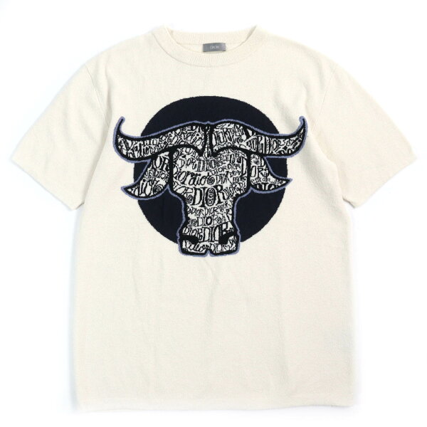 美品△DIOR SHAWN STUSSY ディオール オム ショーンステューシー 20AW 183M649AT850 Bull Embroidery Pile fabric Tee ブルエンブロイダリー パイル地 半袖Tシャツ アイボリー ネイビー S イタリア製 正規品 メンズ【中古】