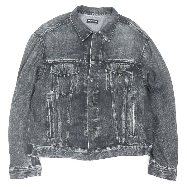 極美品□BALENCIAGA バレンシアガ 20SS 621580 デニム転写プリント ストレッチジャケット ブルゾン ブラック L イタリア製 正規品 メンズ【中古】