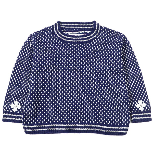 美品○CHROME HEARTS クロムハーツ 412178125 カシミヤ100％ 羊革使い 両袖CHプラスパッチ付き メタルロゴプレート ハート総柄 クルーネック ニット セーター ブルー ホワイト ONE SIZE 68-112(日本サイズL相当) USA製 国内正規品 メンズ【中古】