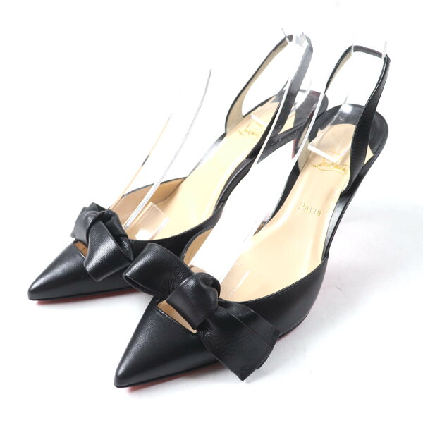 未使用品★Christian Louboutin クリスチャンルブタン 3130366 リボンデザイン バックストラップ ポインテッドトゥ ピンヒール レザー パンプス ブラック 37.5 箱・保存袋付き イタリア製 レディース【中古】