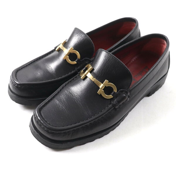 美品★Salvatore Ferragamo SPORT サルヴァトーレ フェラガモ スポーツ ダブルガンチーニ スクエアトゥ レザー ローファー ブラック ゴールド金具 5.5 イタリア製 レディース【中古】