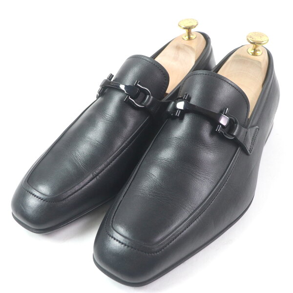 極美品□Salvatore Ferragamo サルヴァトーレフェラガモ ダブルガンチーニ モカシン レザー ローファー ブラック 7.5 イタリア製 メンズ【中古】
