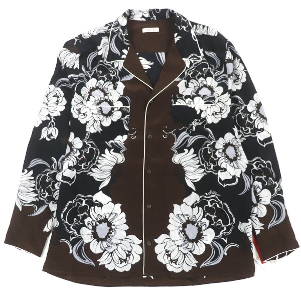 未使用品▼VALENTINO ヴァレンティノ XV0ABD068G8 シルク100% フローラルグラフィックプリント ロゴ入りボタン ロングスリーブ 長袖シャツ ダークブラウン ブラック 50 イタリア製 正規品 メンズ【中古】