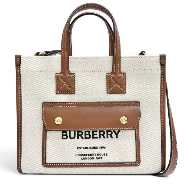 極美品△BURBERRY バーバリー 8044143 ミニ フレヤ トート コットン リネン キャンバス レザー 2WAY ショルダーバッグ ベージュ タン イタリア製 レディース 保存袋付き 【中古】