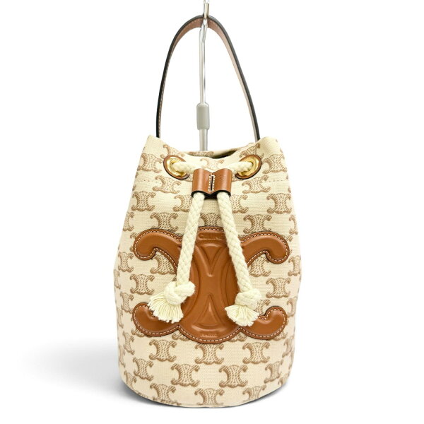 極美品△CELINE セリーヌ 19653 ティーン キャンバス レザー トリオンフ ドローストリング ハンドバッグ ブラウン ベージュ ゴールド金具 イタリア製 レディース 保存袋付き【中古】